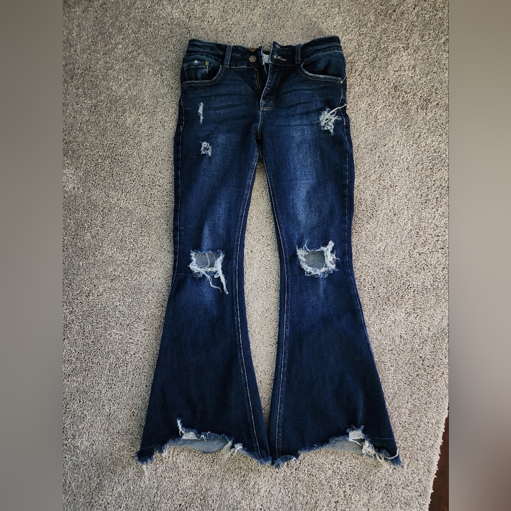 Distressed Flare Jeans - Dark Blue